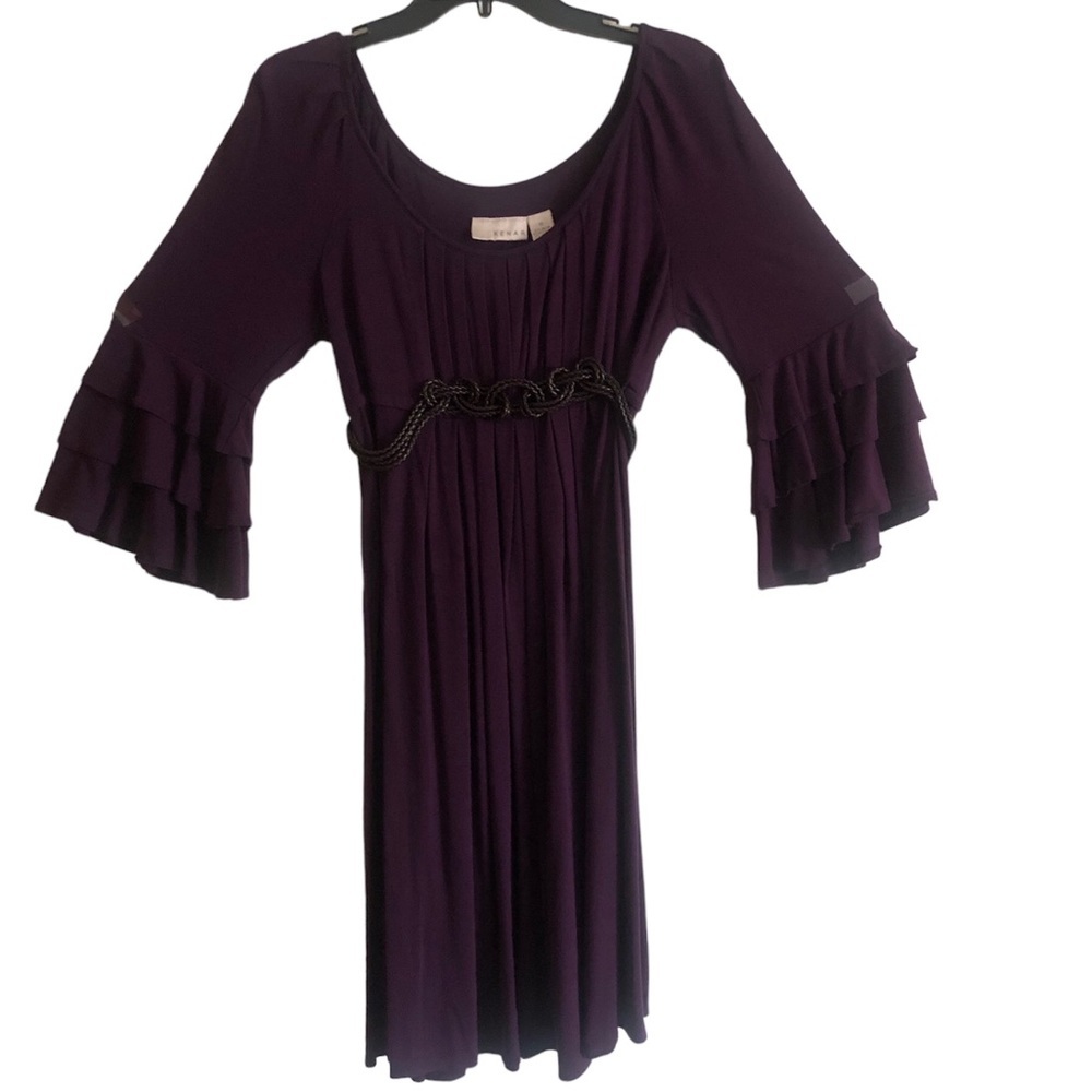 3/4 layered ruffle sleeve dress with braided belt by Kenar  in Eggplant, purple.